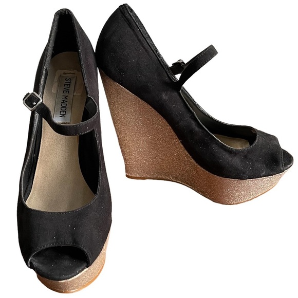 Steve Madden Black Open Toe with Shimmery Gold  Supper Hight Heels Wedges Size:7 - Picture 10 of 10